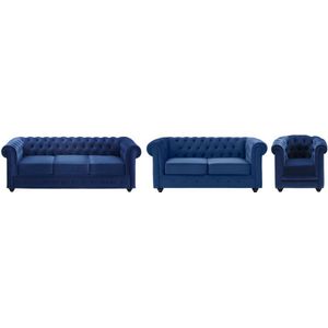 Bankstel en fauteuil CHESTERFIELD - Fluweel - Koningsblauw L 205 cm x H 72 cm x D 88 cm