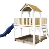 AXI Atka Speeltoestel in Bruin/Wit - Speeltoren met Verdieping, Zandbak en Blauw Glijbaan - FSC hout - Speelhuisje op palen met veranda voor kinderen - Speeltoestel voor de tuin / buiten