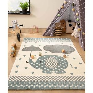 Vloerkleed kinderkamer olifant - Adventures crème/blauw 140x200 cm