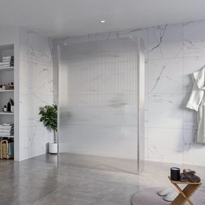FugaFlow Eccelente Vetro Vrijstaande inloopdouche badkamer - 140x200cm - Helder geribbeld - antikalk - 8mm veiligheidsglas - 2 zijwanden 30cm - met wandarmen en hoekprofielen - RVS geborsteld -