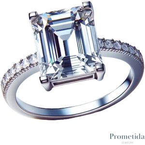 Prometida - Ringenset - Verlovingsring - Ring dames - Emerald-cut Solitair pavé - Zirkonia steen - Sterling Zilver 925 - Aanschuifring pavé in v-vorm -  Uitgesproken ring