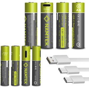 Namtek AA + AAA Oplaadbare Batterijen 1,5 Volt (2600 + 740 mWh) met USB Type-C Kabels opladen - Lithium batterijen - Duurzame Keuze - 8 stuks