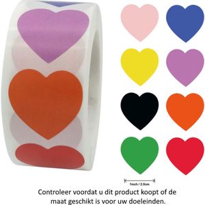 Rol met 500 Hartjes stickers in 8 verschillende kleuren - 2.5 cm diameter - Heart - Hearts - Love - Liefde - Valentijnsdag - Cupido - Rood - Oranje - Groen - Zwart - Paars - Roze - Geel - Blauw - Decoratie - Versiering - Verjaardag