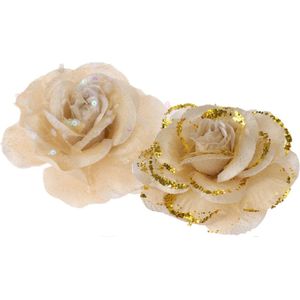 2x stuks decoratie bloemen rozen goud op clip 9 cm