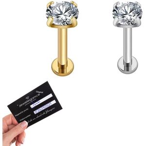 neuspiercing steentje - labret piercing - 2 pack Zilver & Goud - neuspiercing staafje- tragus piercing - lippiercing steentje - tragus piercing steentje -piercing chirurgisch staal