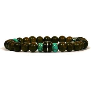 IbizaMen - heren armband - robles hout 8mm - turkoois - coconut kraal - 21cm