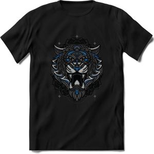 Tijger - Dieren Mandala T-Shirt | Blauw | Grappig Verjaardag Zentangle Dierenkop Cadeau Shirt | Dames - Heren - Unisex | Wildlife Tshirt Kleding Kado | - Zwart - M