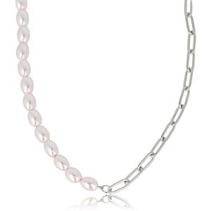 My Bendel - Ketting zilver met schakels en roze parels - Zilveren schakelketting gecombineerd met ovale roze parels - Met luxe cadeauverpakking