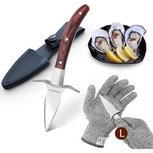 Oestermes,oestermes en handschoen,oesterset met premium houten handvat,roestvrijstalen oesteropener met handschoenen met beschermingsniveau 5 (L) oestermes