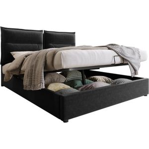 Hydraulisch tweepersoonsbed gestoffeerd bed 140x200cm, verstelbaar hoofdeinde, bed met lattenbodem van metalen frame, fluweel, modern bedframe met opbergruimte, grote opbergruimte, zwart (zonder matras)