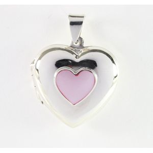 Hartvormig zilveren medaillon met roze parelmoer