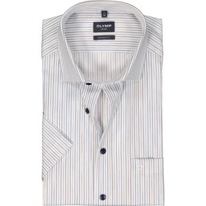 OLYMP modern fit overhemd - korte mouw - popeline - wit met beige en blauw gestreept - Strijkvrij - Boordmaat: 43