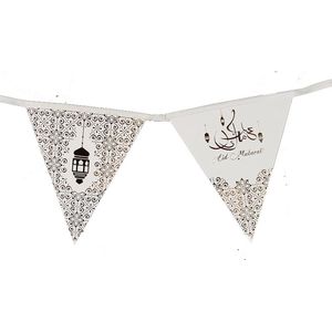 Eid Mubarak thema papieren vlaggenlijn/slinger wit/rose goud 3 meter - Suikerfeest/Offerfeest versieringen/decoraties