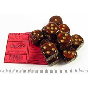 Chessex Scarab blauw bloed/goud D6 16mm Dobbelsteen Set (12 stuks)