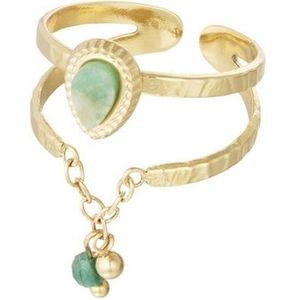 Ring - Yehwang - Goud - Turquoise - Natuursteen - Bedel - Verstelbaar - Stainless steel sieraden