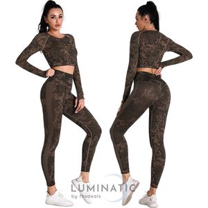 Sportoutfit - Sportkleding Set Dames - Yoga Kleding - Sportlegging - Camouflage Kleding - Shapewear Dames | Top + Legging | Luminatic® | Goud | Maat S