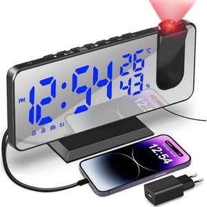 Alarmklok - Digitale Wekker - Radioklok - 20,2B x 5H CM - USB Aansluiting - Projector Functie - Zwart Blauw