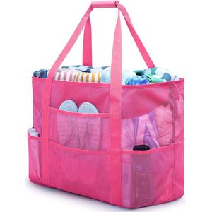 Grote mesh strandtas, mesh strandtas, mesh tas voor zandspeelgoed, opvouwbare handtassen, opbergtas met zakken en ritssluiting, voor strand, vakantie, reizen, winkelen (roze)