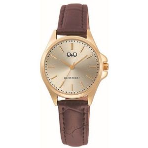 Q&Q C37A-009PY - Horloge - Analoog - Dames - Vrouwen - Leren band - Rond - Metaal - Streepjes - Bruin - Goudkleurig