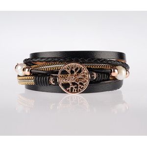 Armband Dames Rosegoud- Leren Wikkelarmband Galeara design Rosekleurig Zwart Dames Levensboom 20,5cm - Galeara design