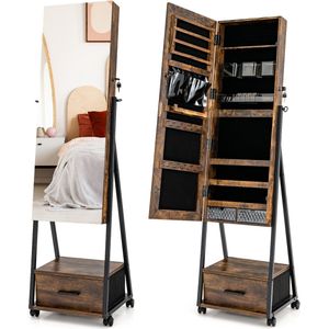 COSTWAY Sieradenkast met spiegel, sieradenspiegelkast met lade, op wieltjes, afsluitbaar, vrijstaand, 42 x 38 x 157 cm (vintage)