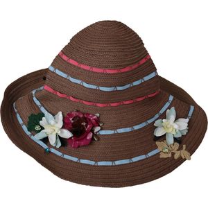 Bruine bloemen brede rand stro slappe GLB hoed