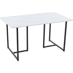 Sweiko 140 x 80 x 75cm Eettafel,(1-St), Moderne Keukentafel, Metalen Frame, L-vormige Steun Benen Rechthoekige Eettafel in Moderne Marmeren Patroon Keukentafel met Verstelbare Voeten, Wit en Zwart