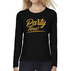 Party time longsleeve zwart met gouden glitter tekst dames  - Glitter en Glamour goud party kleding shirt met lange mouwen XXL