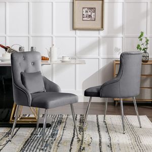 Sweiko 2-delige eetkamerstoel met knooppatroon, gestoffeerde fauteuil, stoelen met metalen poten, moderne lounge stoel, slaapkamer woonkamer stoel met lumbale kussen, Grijs