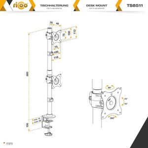 Dubbele Monitor Houder voor aan Tafel - VESA Tafelhouder voor 13-27 inch Schermen - 2 Monitoren Arm TS8511