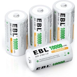EBL 4-Pack Oplaadbare D Cell Batterijen 10000 mAH - Duurzame 1.2V NI-MH Oplaadbare Batterijen