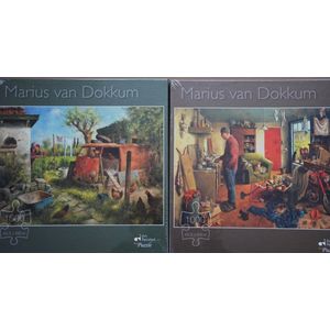 2 x Marius van Dokkum puzzel 1000 stukjes ""Mannenhuishouding"" en ""Kippenhok