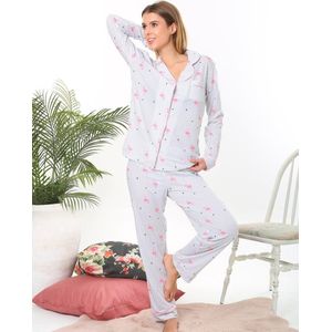 Katoen Dames Pyjama Set Nachtkleding- Grijs Flamingo Print Maat L