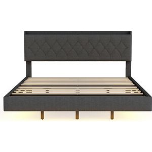 Gotagee Polsterbed met USB-laadstation en LED-kleurveranderende lichtstrip Tweepersoonsbed in linnenstof met lattenbodem