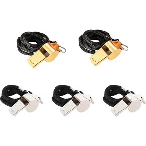 2 stuks gouden en 3 stuks zilveren signaalfluitjes met afneembare draagband