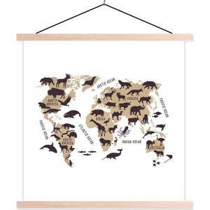 Textielposter - Wereldkaart Kinderen - Bruin - Wit - 120x120 cm - Schoolplaat - Textiel poster