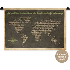 Wandkleed WereldkaartenKerst illustraties - Vintage wereldkaart met letter- en cijferpatroon en quote over reizen Wandkleed katoen 60x40 cm - Wandtapijt met foto