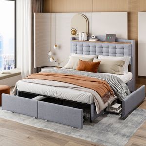 Sweiko 140x200 cm Gewatteerd bed, Nachtkastje met USB-oplaadpoort en plank, tweepersoonsbed met 4-lades, linnen Grijs