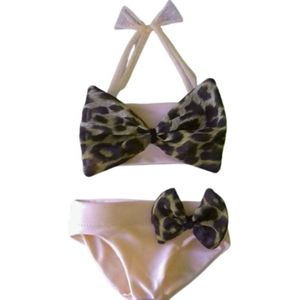 Maat 104 Bikini zwemkleding Beige Beige dierenprint badkleding voor baby en kind zwem kleding met panterprint strik
