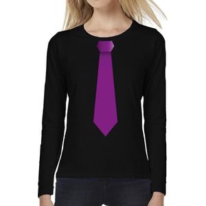 Stropdas paars long sleeve t-shirt zwart voor dames- zwart shirt met lange mouwen en stropdas bedrukking voor dames S