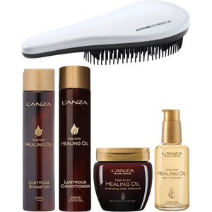 L'Anza - Healing Oil Set - Lustrous Shampoo + Conditioner + Intensive Masker + Hair Treatment Oil + KG Ontwarborstel - Beschadigd Haar Pakket