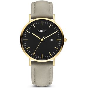 KRNS 1029 - Horloge - Analoog - Dames - Vrouwen - Leren band - Grijs - Goudkleurig - Zwart