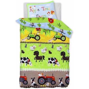 Peuter / junior jongens dekbedovertrek boerderij met trekker (tractor) en boerderijdieren (koe, paard, schaap, kip, eend) in de groene weide met appelbomen 120 x 150 cm (beddengoed kinderkamer)