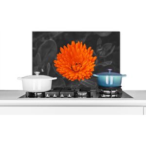 Spatscherm keuken 70x50 cm - Kookplaat achterwand Bloemen - Oranje - Zwart - Wit - Muurbeschermer - Spatwand fornuis - Hoogwaardig aluminium