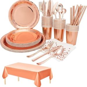 Feestartikelen - 193-delig - Roségoud - Voor 24 Gasten Maak van elke gelegenheid een speciale met dit prachtige roségouden feestservies. Perfect voor verjaardagen, bruiloften, babyshowers en meer, met alle benodigdheden voor 24 gasten.