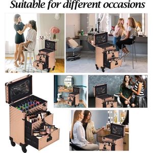 Allecto® Cosmetische kofferwagen met lade, professionele make-upkoffer, kapperskoffer met wielen, afsluitbare make-upkoffer, damesnagelkoffer voor op reis, kappers, visagisten, rosÃ© goud