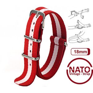 18mm Premium Nato Strap Rood Wit gestreept - Vintage James Bond - Nato Strap collectie - Mannen - Horlogeband - 18 mm bandbreedte voor oa. Seiko Rolex Omega Casio en Citizen