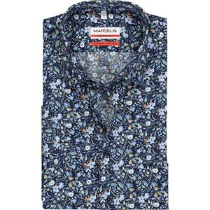 MARVELIS modern fit overhemd - korte mouw - popeline - blauw met gekleurde bloemen dessin - Strijkvrij - Boordmaat: 39