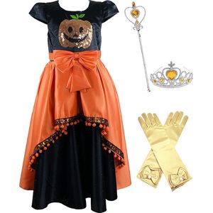 Carnavalskleding - Prinsessenjurk meisje - Het Betere Merk - Halloween kostuum voor kinderen - maat 116/122 - Kroon - Tiara - Toverstaf - Lange handschoenen - heksen - pompoen decoratie
