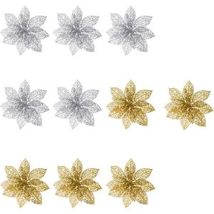 10 Stuks - Kunstmatige Glitter Bloemen - Decoratieve Poinsettia Bloemen - Kerstboom Ornamenten - 15 cm - Zilver / Goud